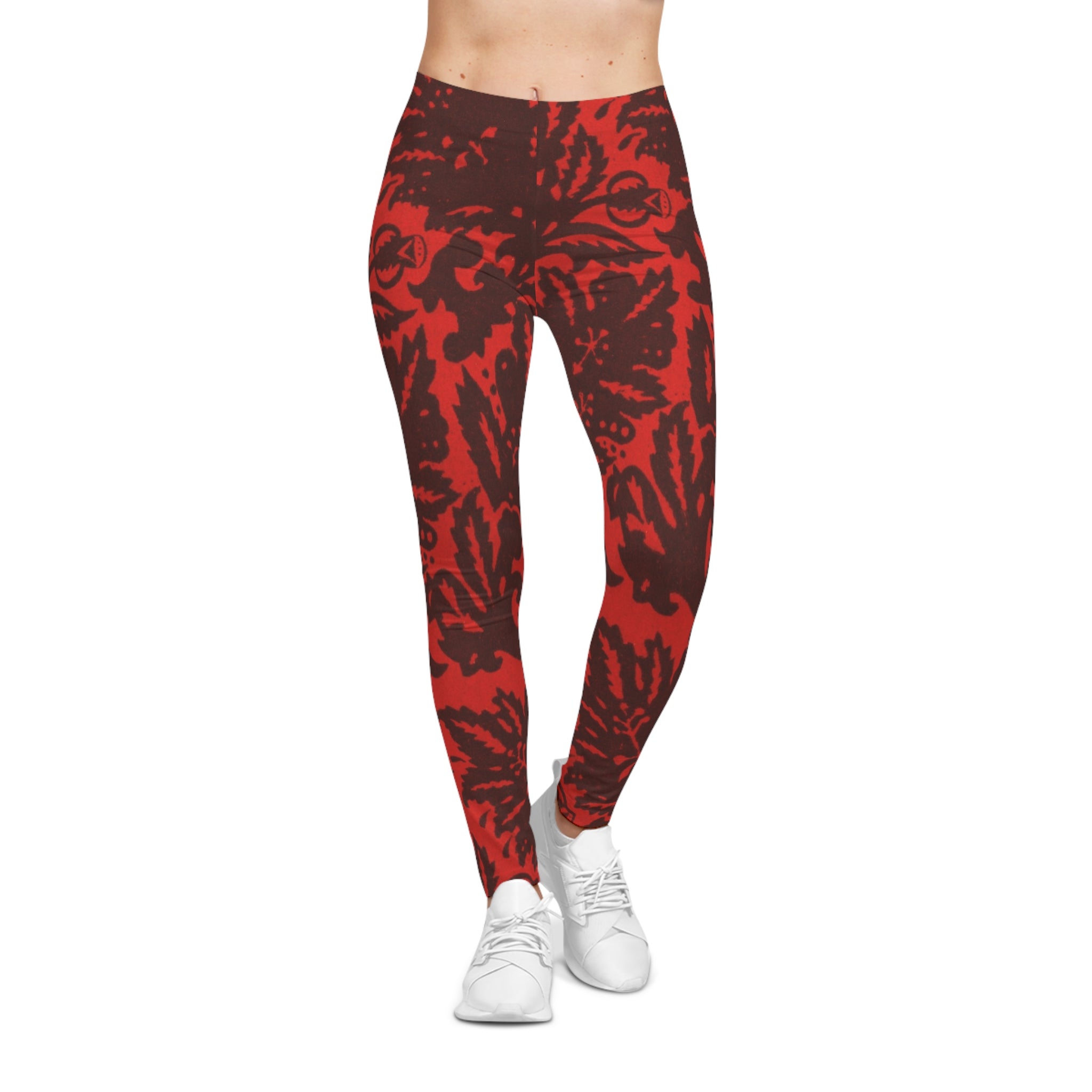 Red Floral Damask Leggings — Women's Patterned All-Over Print Leggings