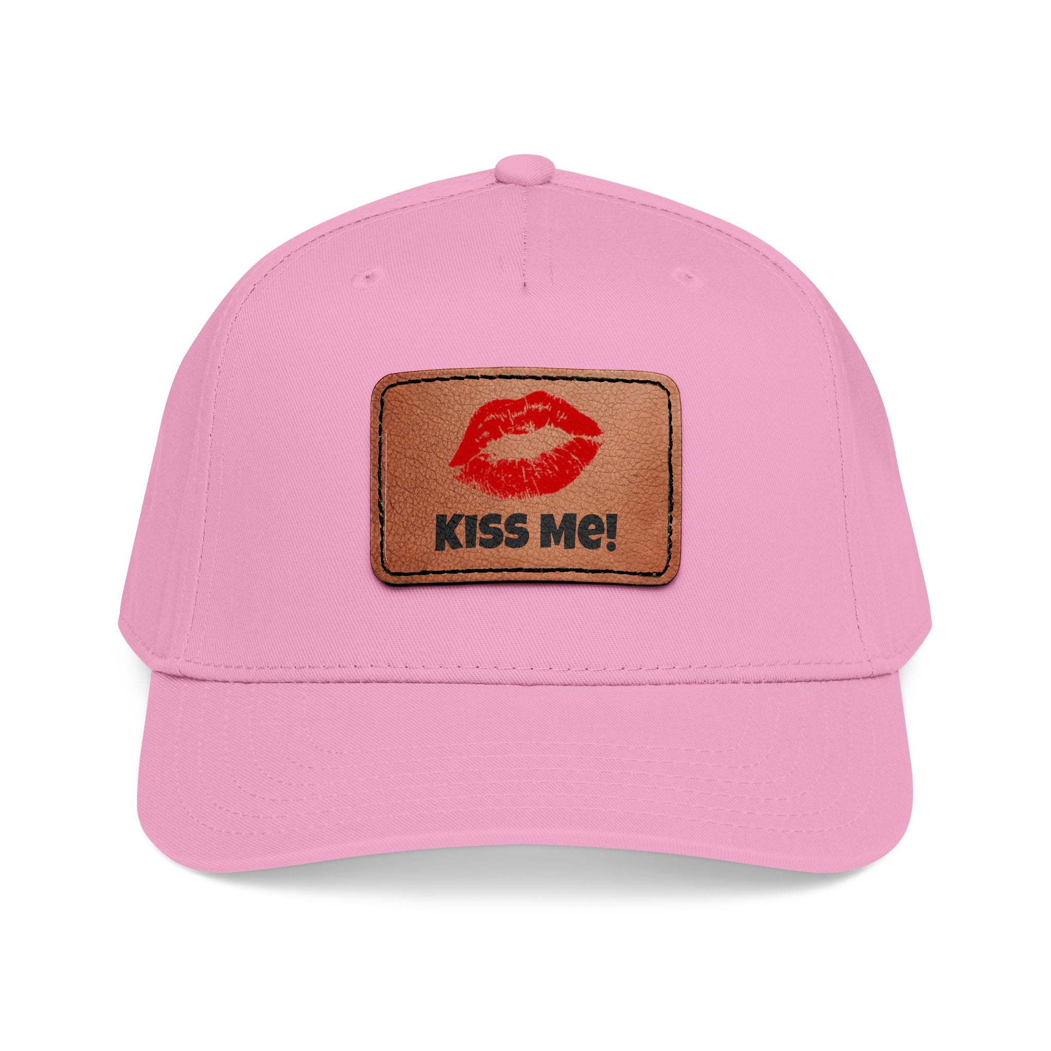 Kiss Me Red Lips Leather Patch Baseball Cap — Mid Profile Hat with Lip Print