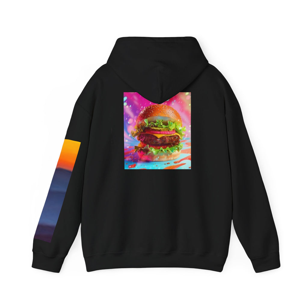 Cosmic Burger Hoodie — Retro Neon Cheeseburger Graphic Pullover