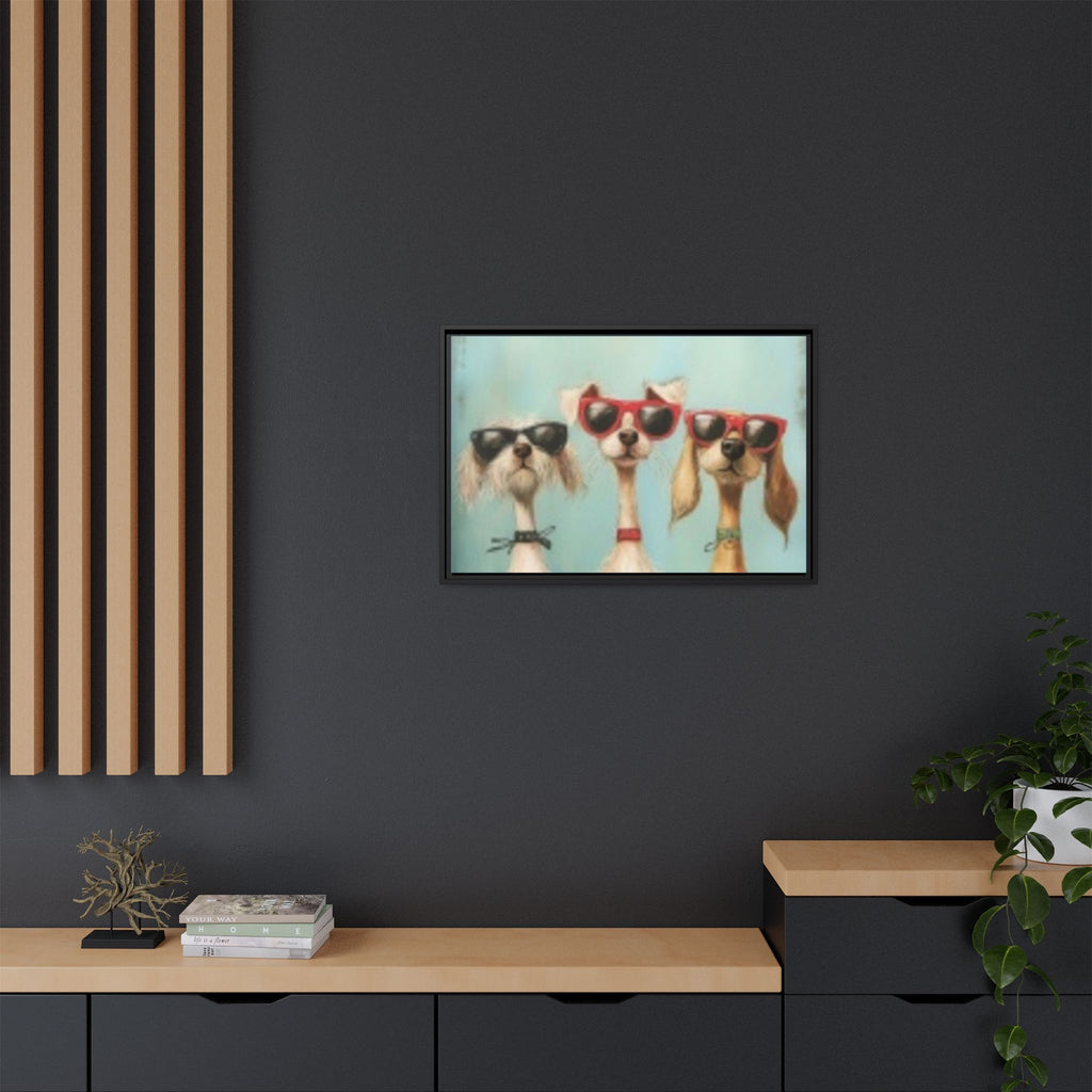 Framed Matte Canvas — Three Cool Dogs in Sunglasses Wall Art