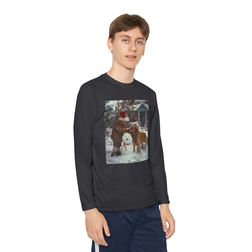 Youth Long Sleeve Tee — Christmas~Vintage Snow Day Kids Shirt with Snowman and Dog