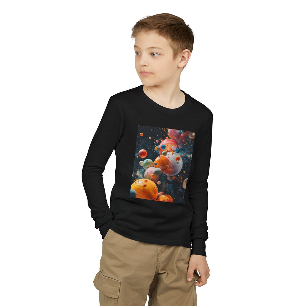 Youth Long Sleeve Tee — Playful Space Planets & Happy Bulldog Graphic