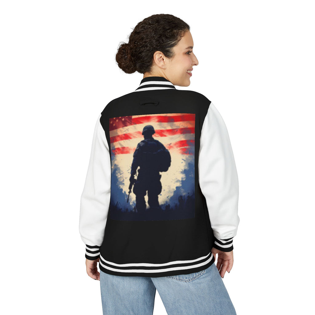 Veteran Tribute Letterman Jacket - American Flag Soldier Graphic