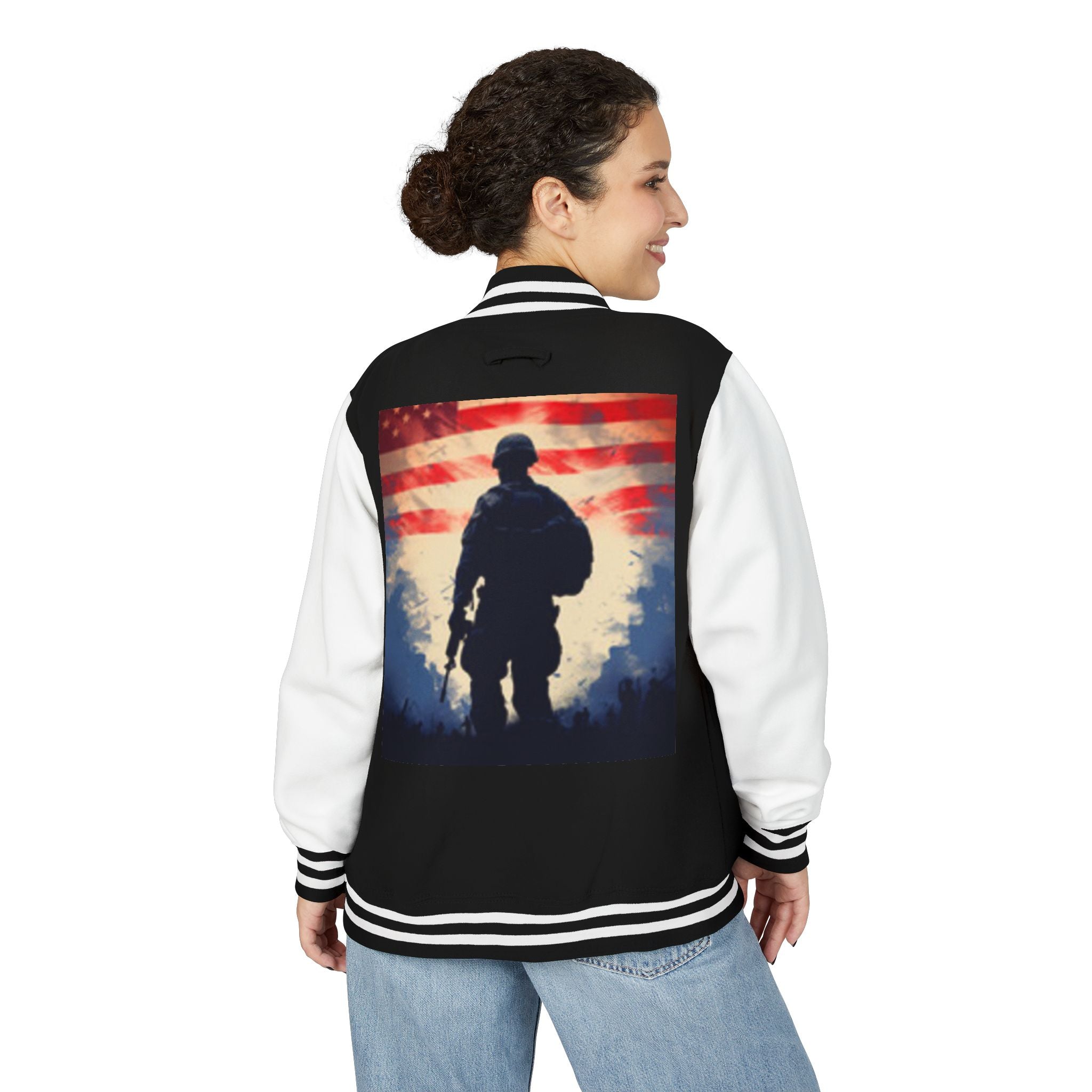 Veteran Tribute Letterman Jacket - American Flag Soldier Graphic