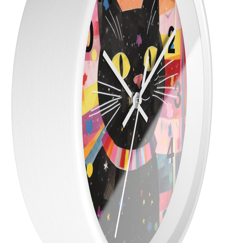 Black Cat Wall Clock — Colorful Retro Cat Clock with Yellow Eyes