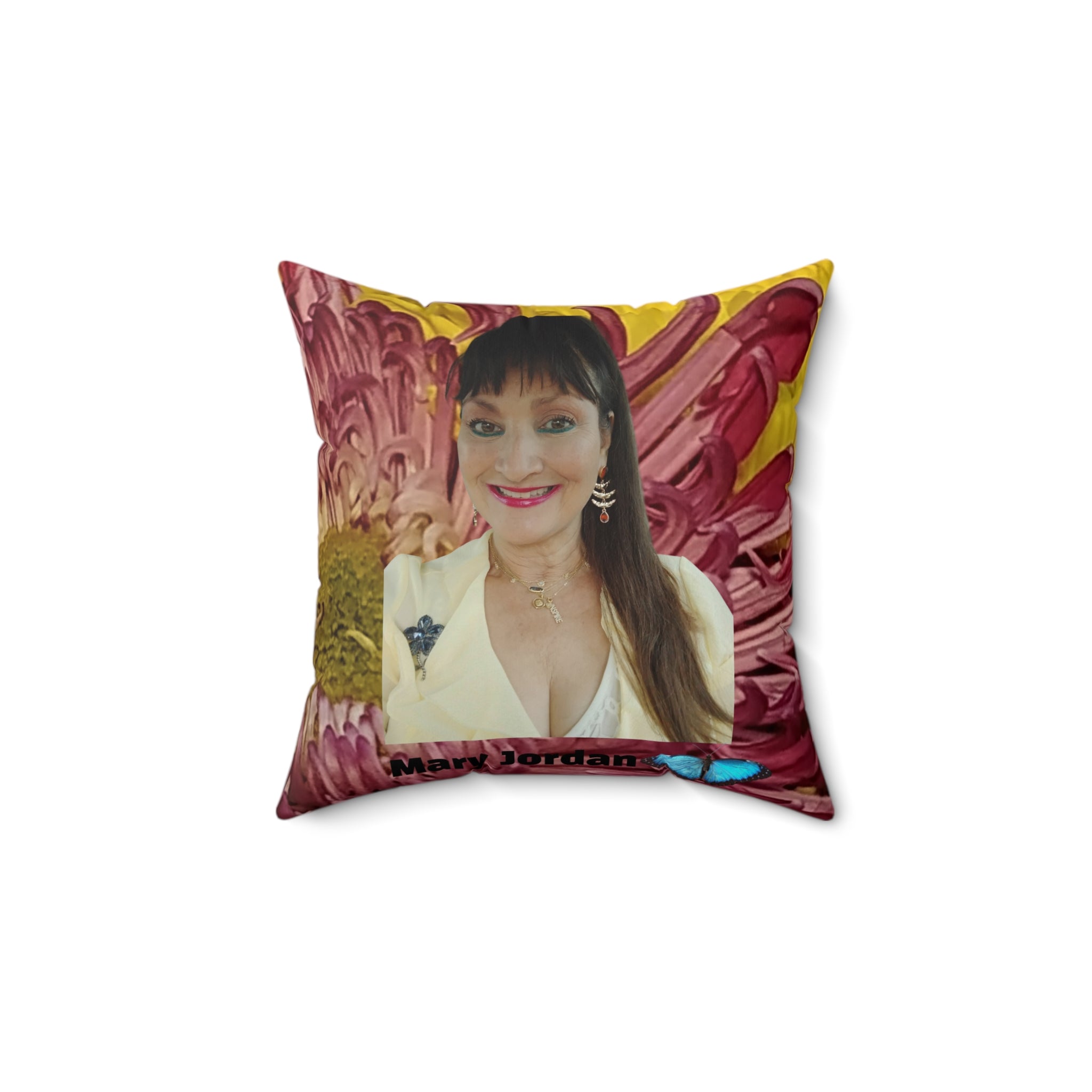 Mary Jordan & Butterfly Floral Throw Pillow — Custom Portrait on Burgundy Chrysanthemum