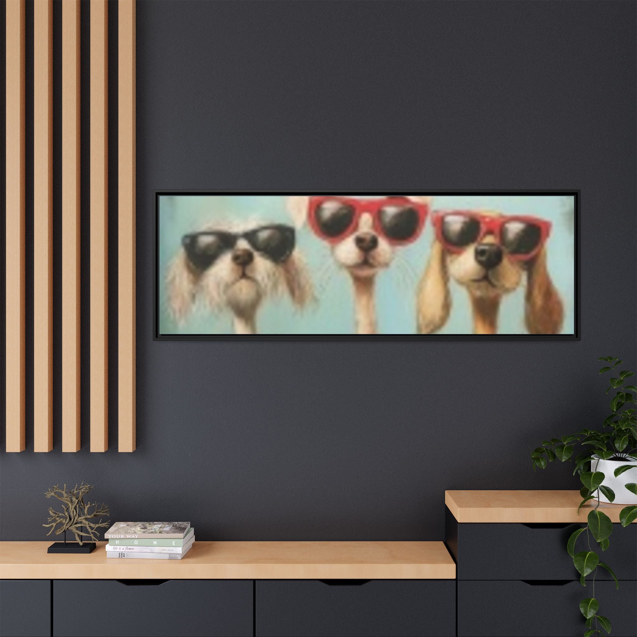 Framed Matte Canvas — Three Cool Dogs in Sunglasses Wall Art