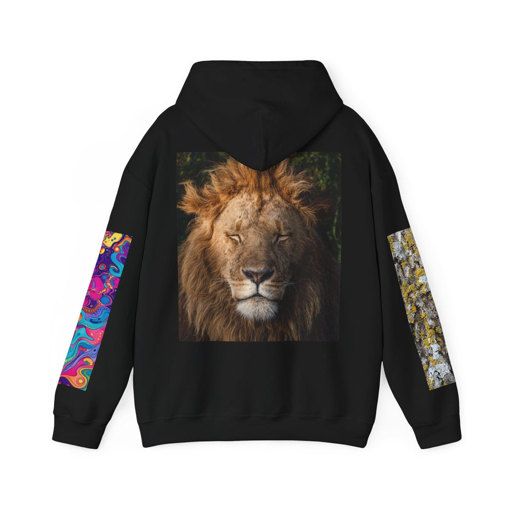 Lion Portrait Hoodie with Colorful Sleeve Accent — Majestic Wildlife Pullover