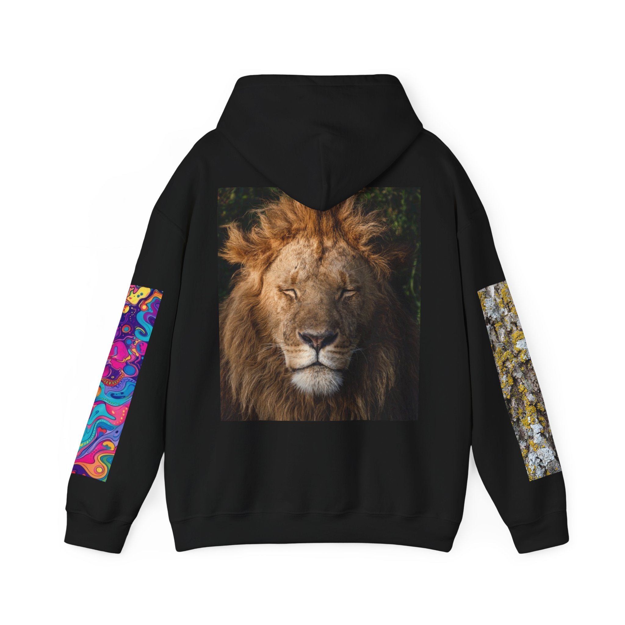 Lion Portrait Hoodie with Colorful Sleeve Accent — Majestic Wildlife Pullover