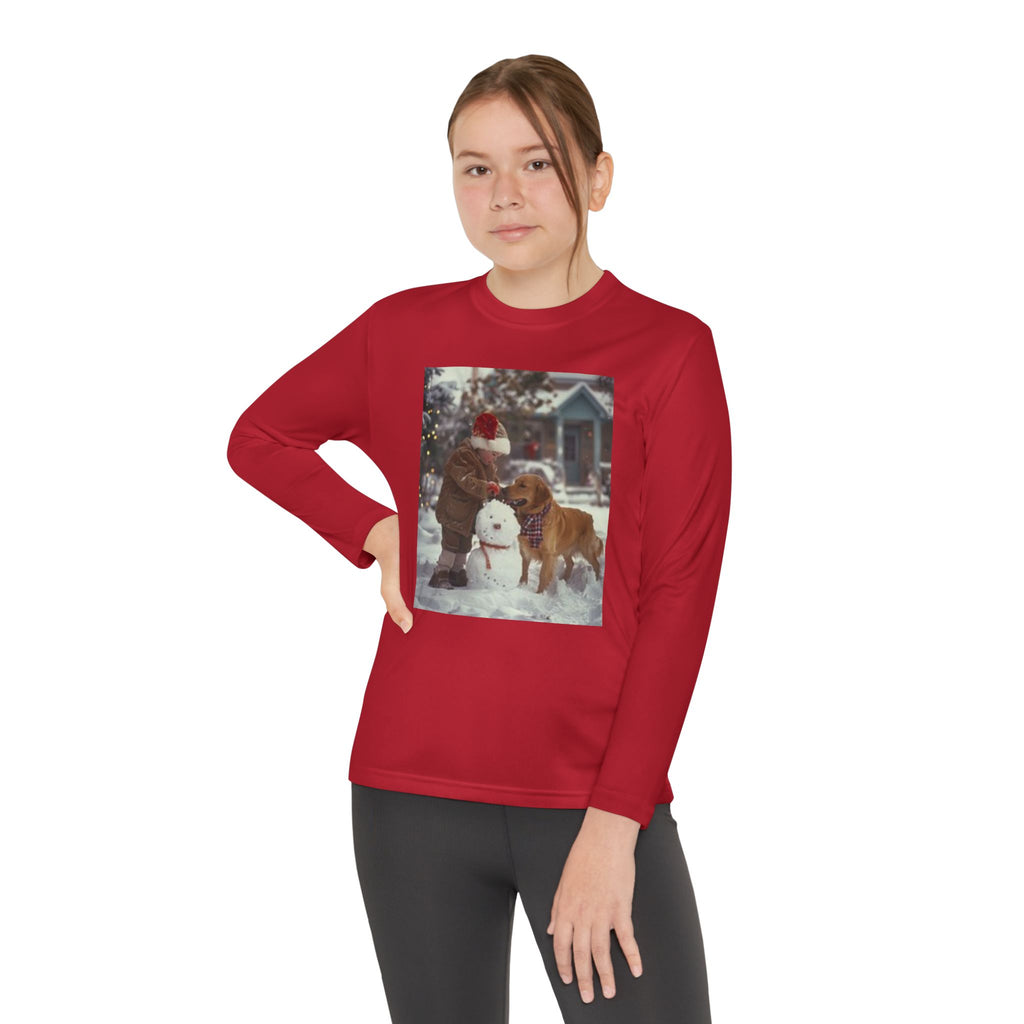 Youth Long Sleeve Tee — Christmas~Vintage Snow Day Kids Shirt with Snowman and Dog