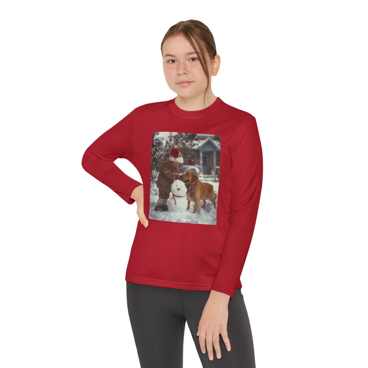 Youth Long Sleeve Tee — Christmas~Vintage Snow Day Kids Shirt with Snowman and Dog