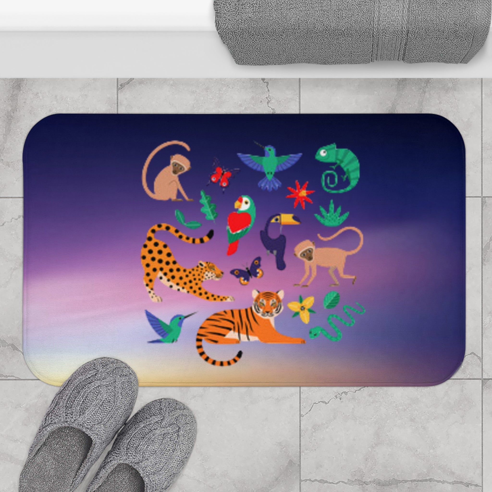 Jungle Animals Gradient Bath Mat – Colorful Tiger, Parrot & Wildlife Bathroom Rug