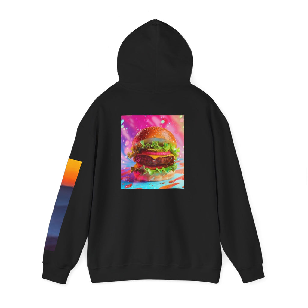 Cosmic Burger Hoodie — Retro Neon Cheeseburger Graphic Pullover
