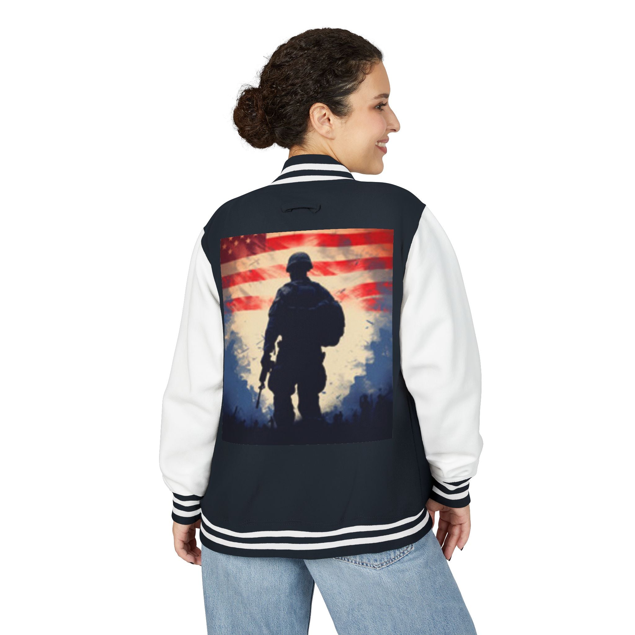 Veteran Tribute Letterman Jacket - American Flag Soldier Graphic