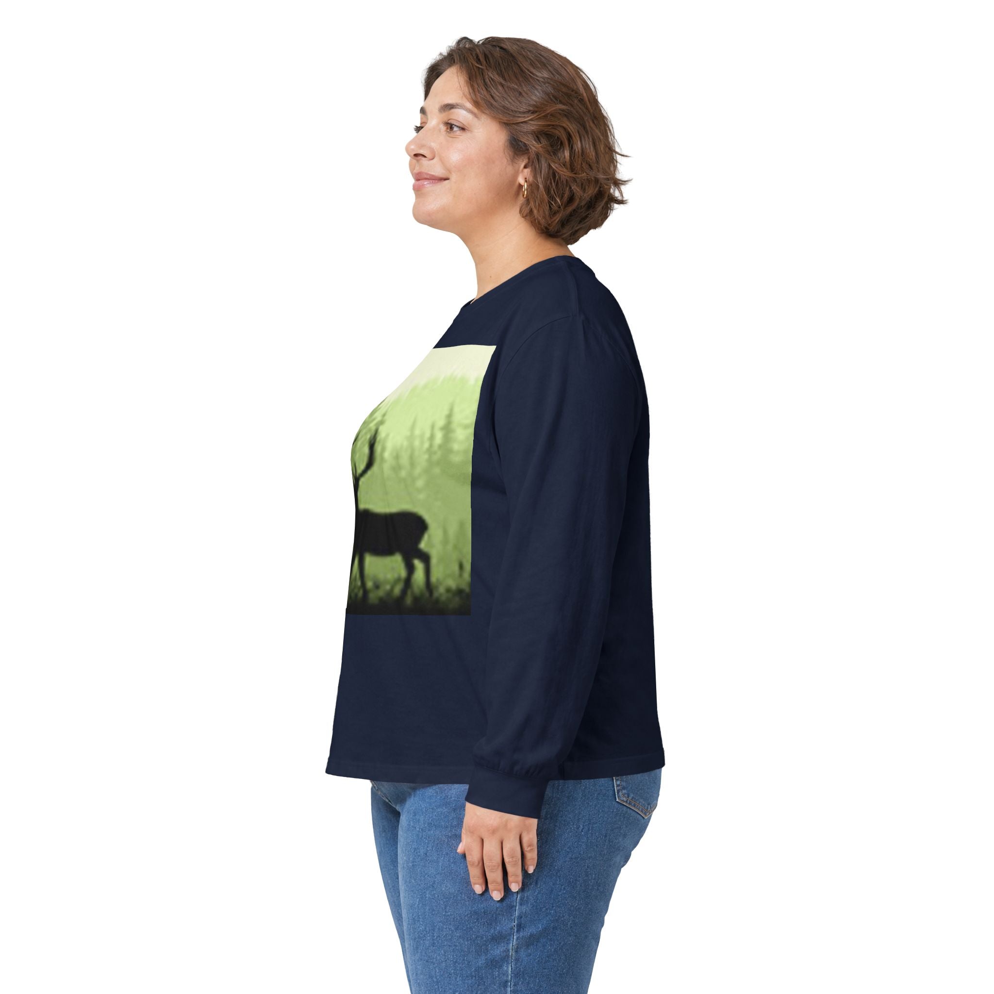 Forest Deer Sunset Long Sleeve Tee — Nature Silhouette Graphic Shirt