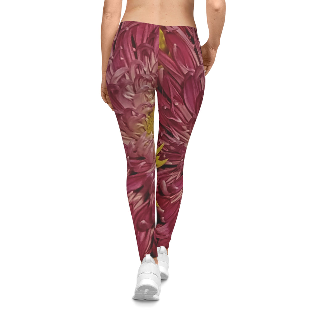 Floral Split-Print Women's Leggings — Bold Maroon & Mustard Chrysanthemum Design