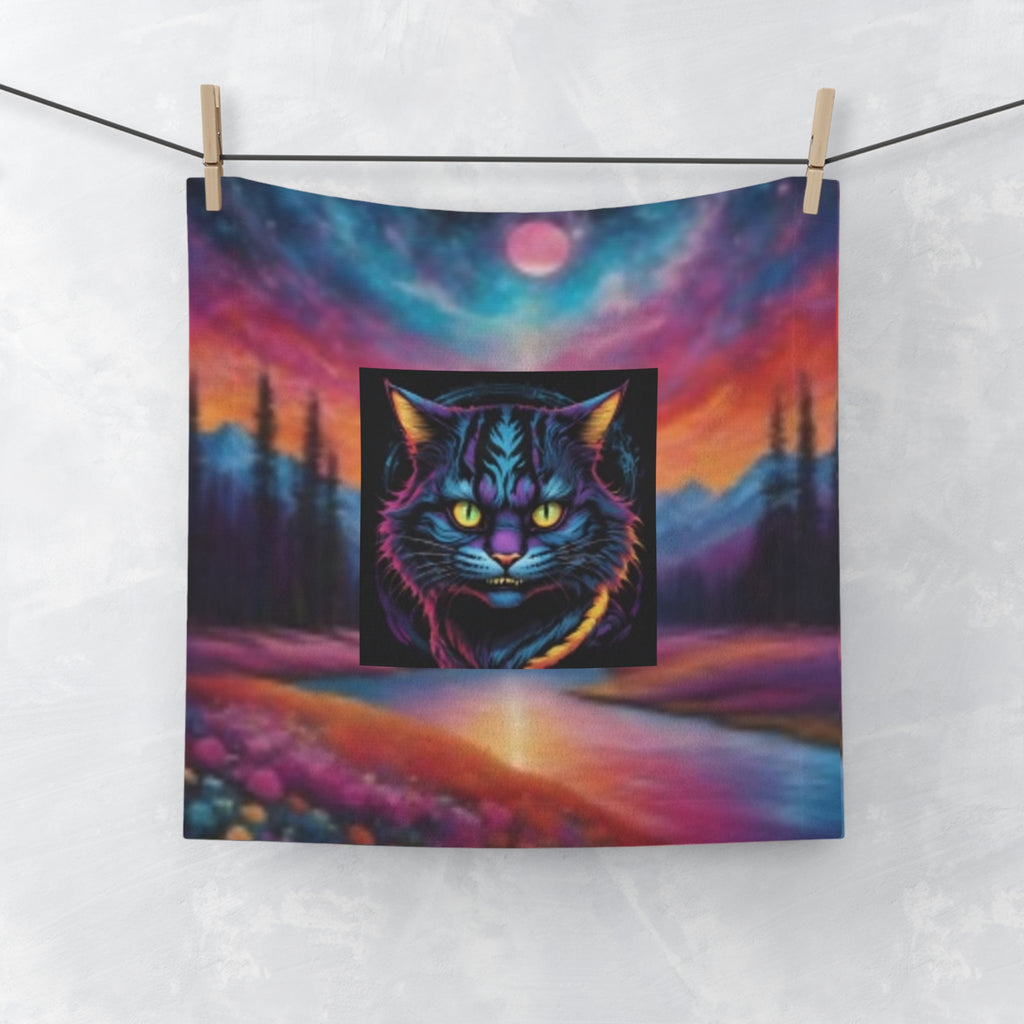 Mystic Neon Cat Face Sunset Towel