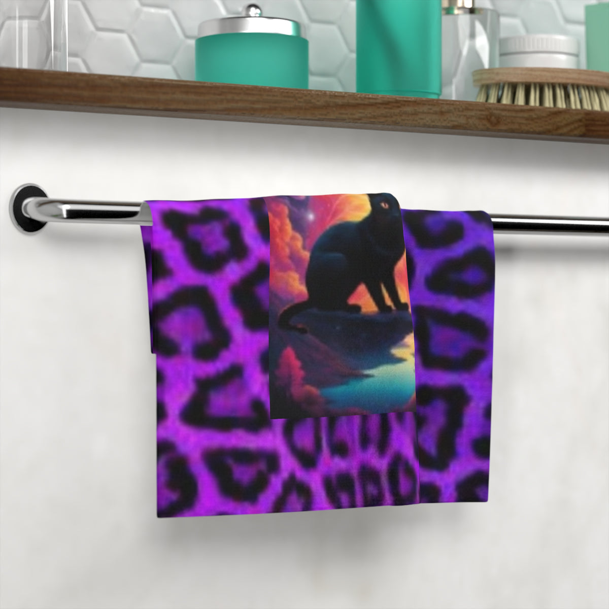 Mystic Black Cat Face Towel — Purple Leopard Moonlight Design