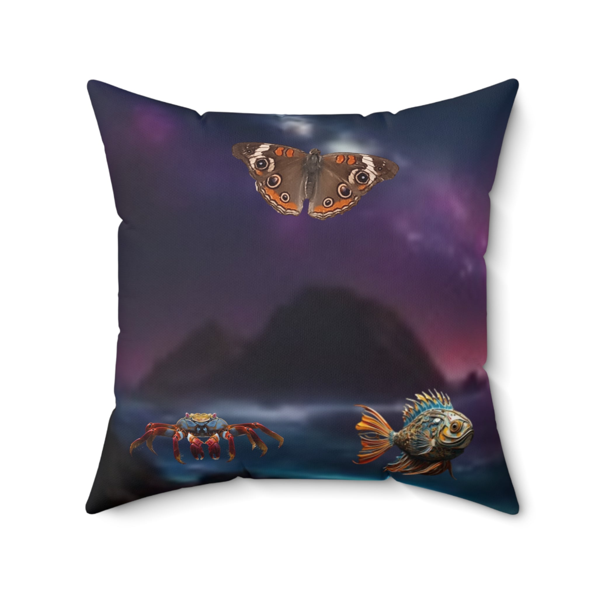 Square Pillow — Surreal Moonlit Beach Design (Butterfly, Fish & Palm)
