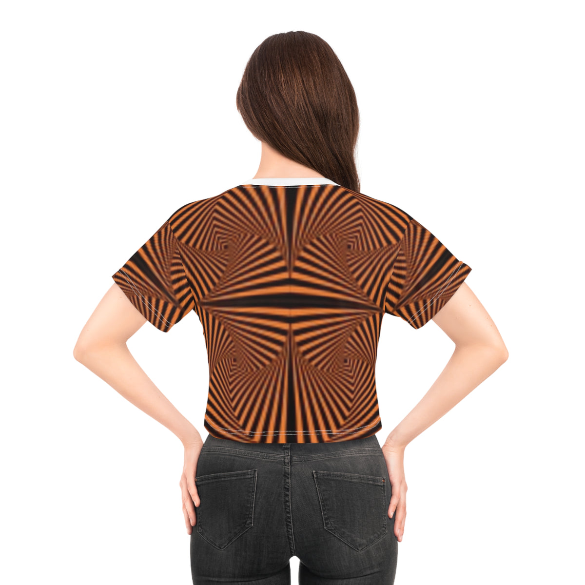 Optical Illusion Orange Geo Crop Tee — Retro Psychedelic Patterned Women's Top