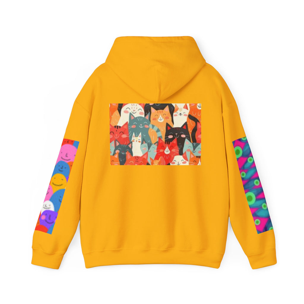 Cat Graphic Hoodie - Retro Sunglasses Cat Front & Colorful Cat Pattern Back Sweatshirt