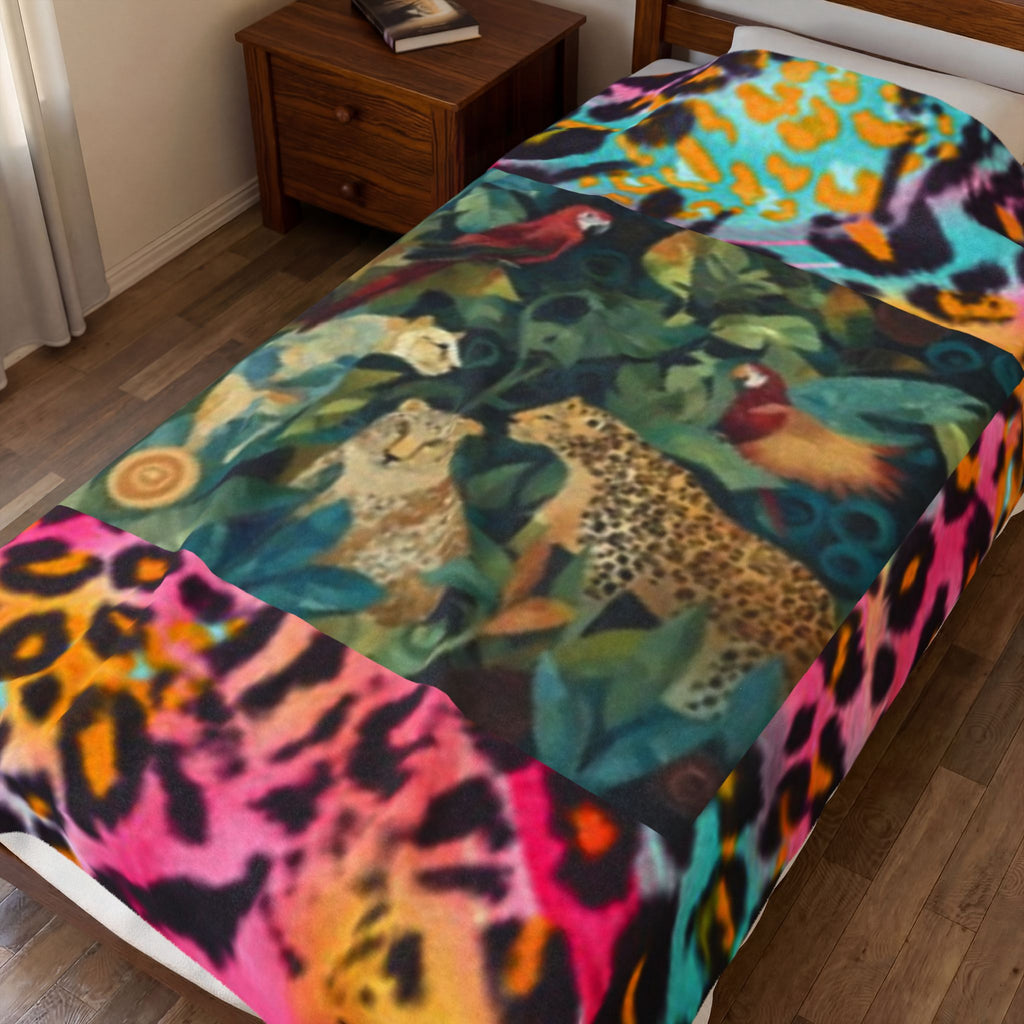 Safari Jungle Velveteen Plush Blanket — Colorful Leopard & Tropical Bird Print