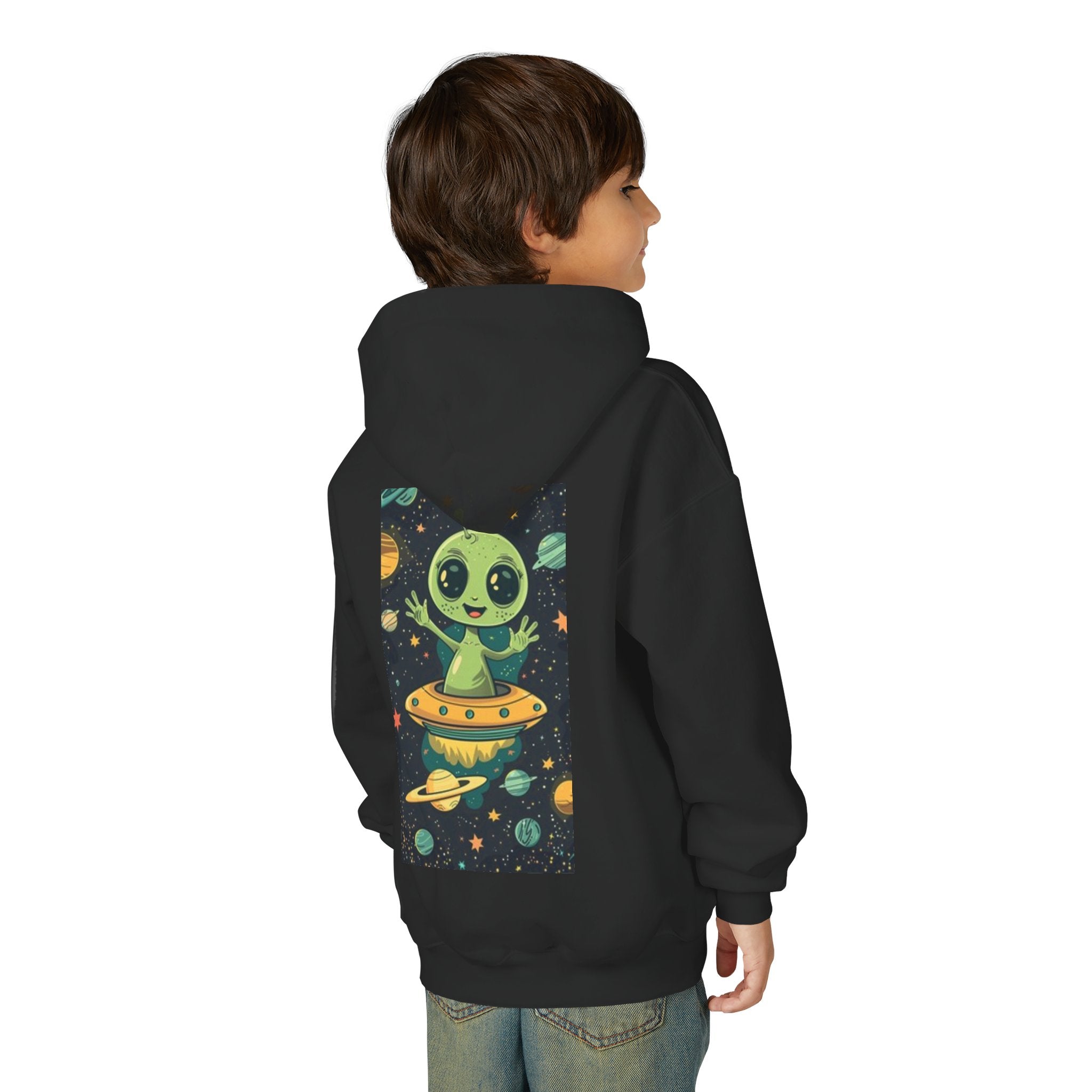 Youth Hoodie — Cute Alien in UFO Space Graphic