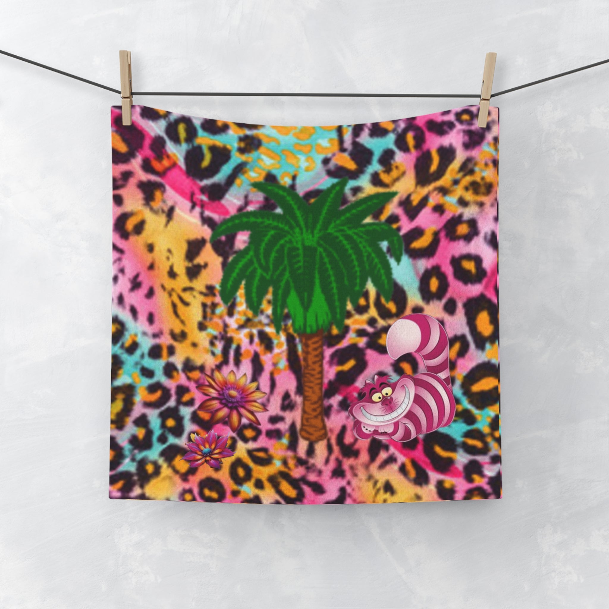 Cheshire Cat Palm Tree Flowers Face Towel — Neon Leopard Print Tropical Face Towel