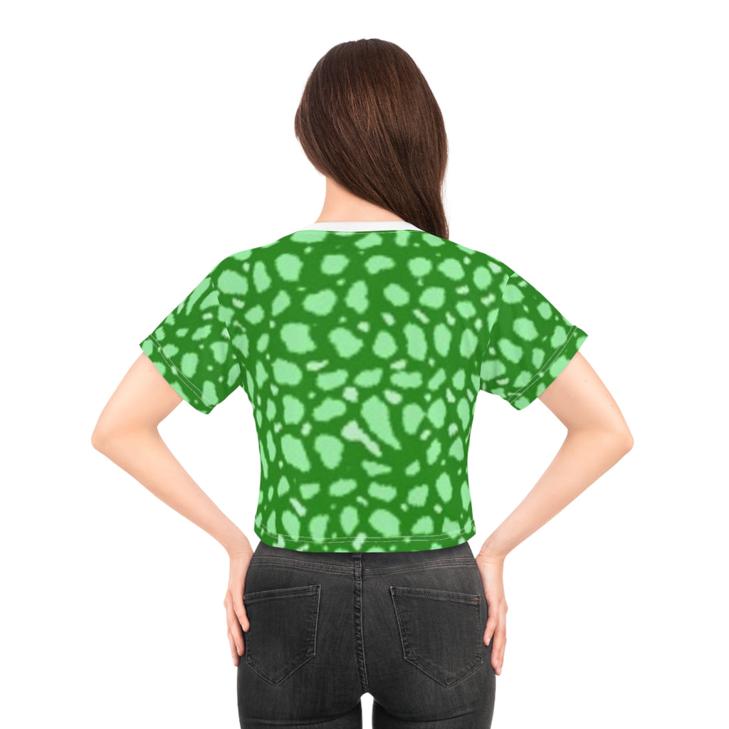 Green Abstract Spot Crop Tee — All-Over Print Vibrant Pattern