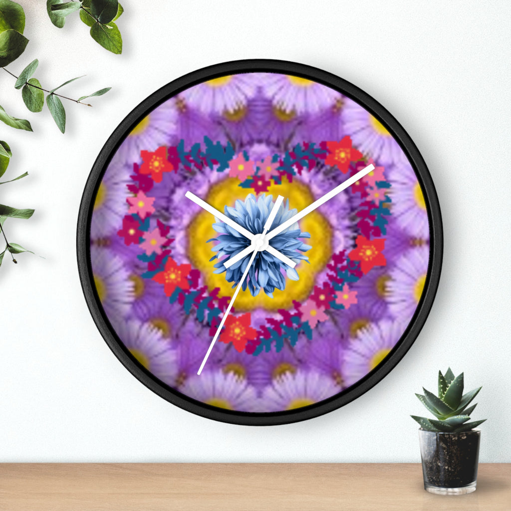 Floral Kaleidoscope Wall Clock — Vibrant Purple Flower Mandala Timepiece