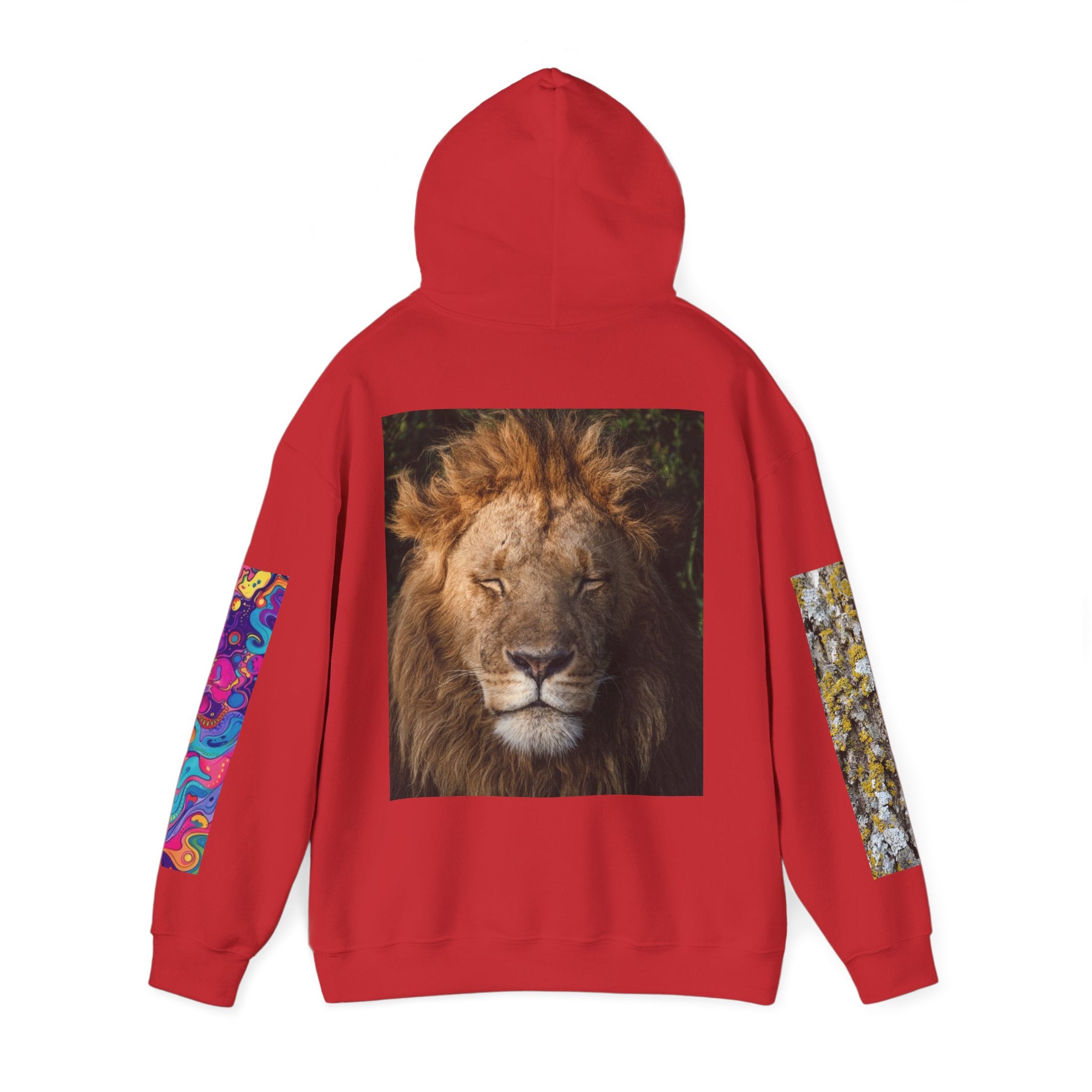 Lion Portrait Hoodie with Colorful Sleeve Accent — Majestic Wildlife Pullover