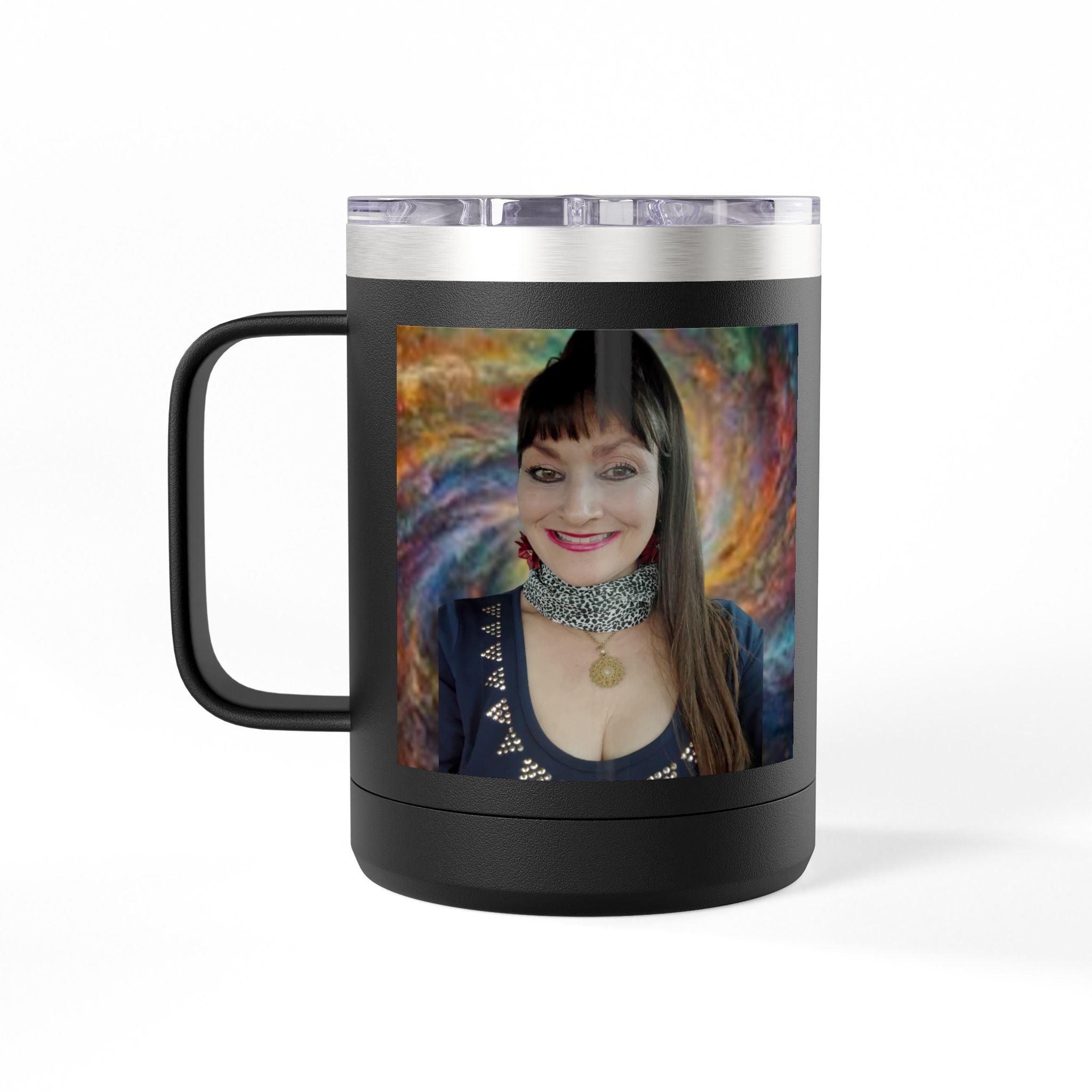 Mary Jordan Custom 15oz Travel Mug Tumbler — Personalized 'Enter text' Blue Floral Design & Heart