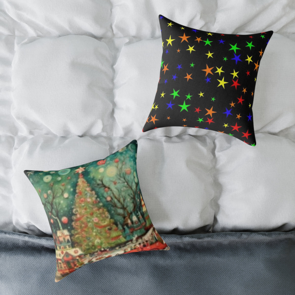 Christmas Tree Village Square Pillow — Festive Holiday Throw with Colorful Stars