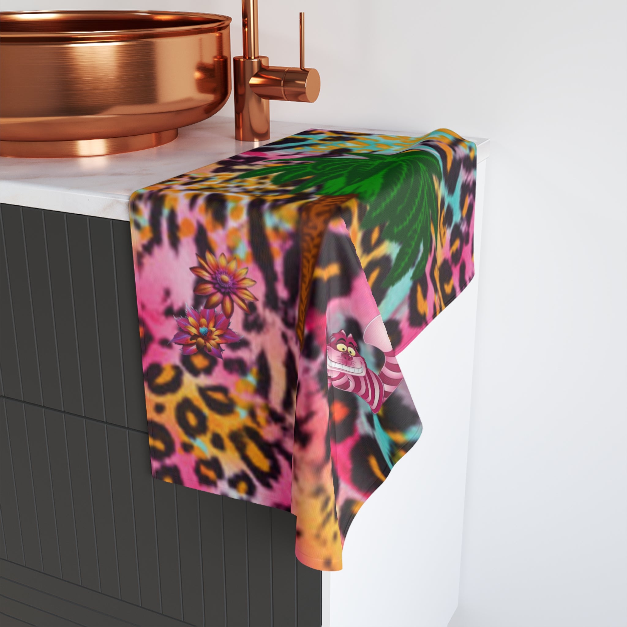 Tropical Leopard Palm Hand Towel — Colorful Palm Tree & Floral Beach Vibe