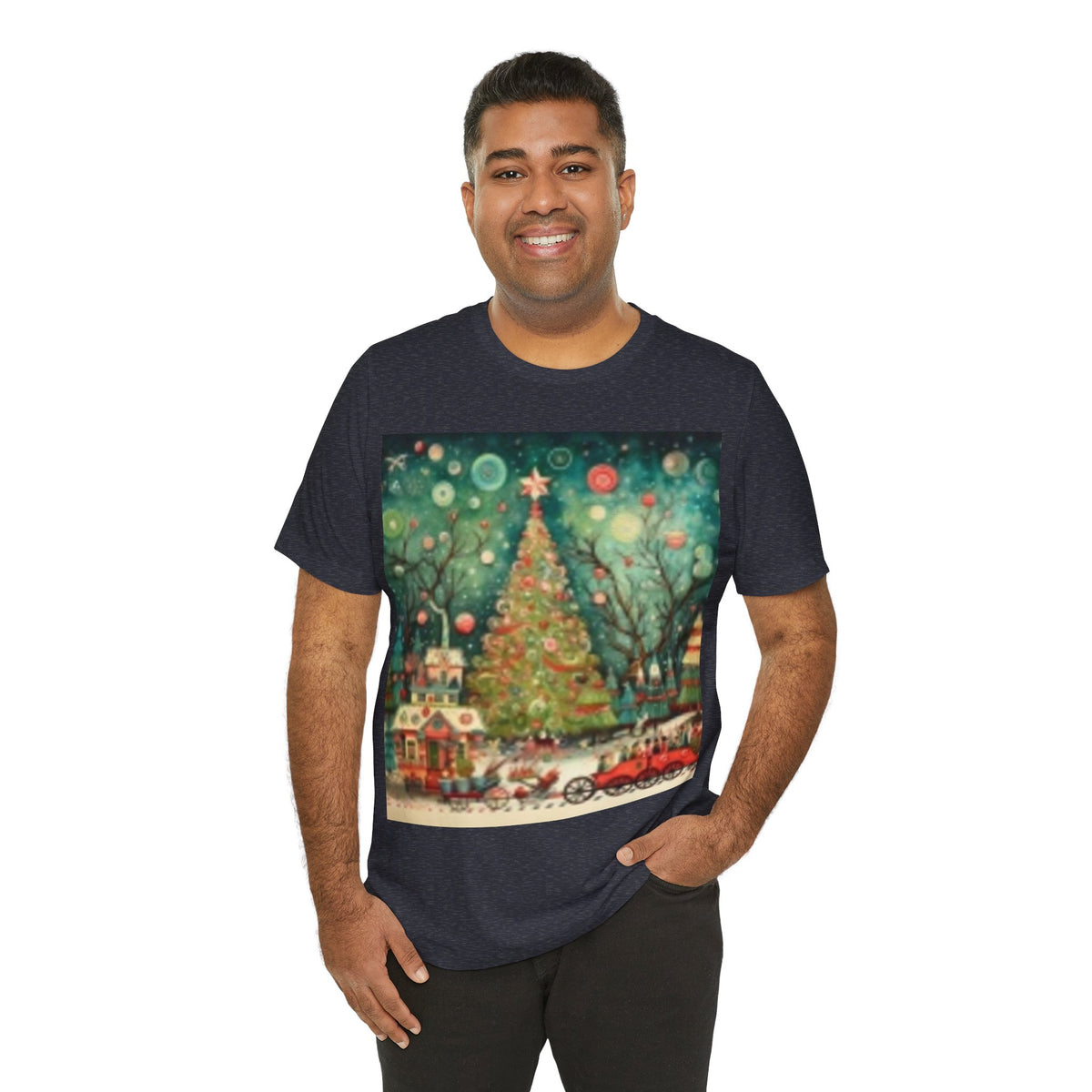 Vintage Christmas Tree Tee — Holiday Village Scenic T‑Shirt