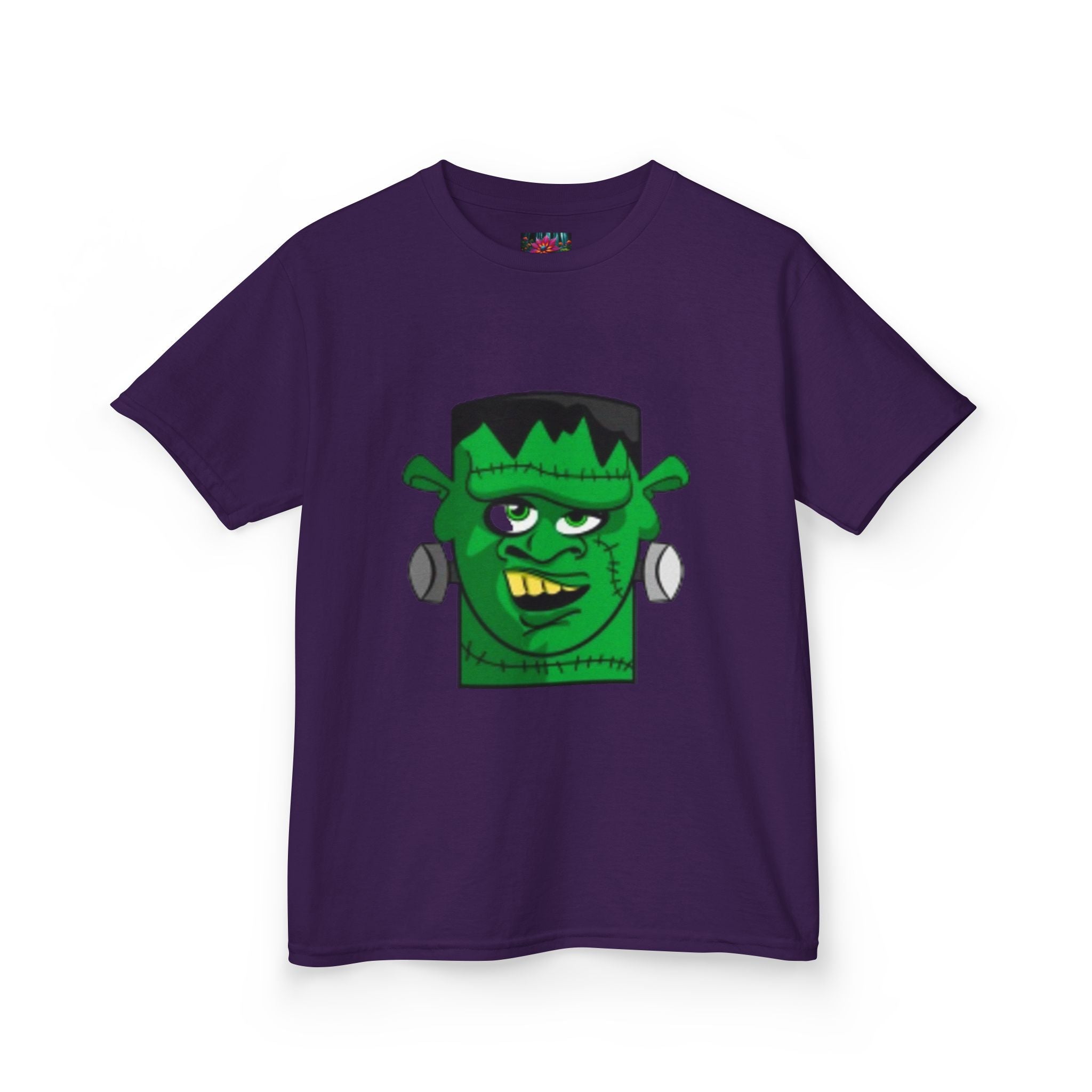 Kids T-shirt— Cute Frankenstein Face Front & Enchanted Forest Back