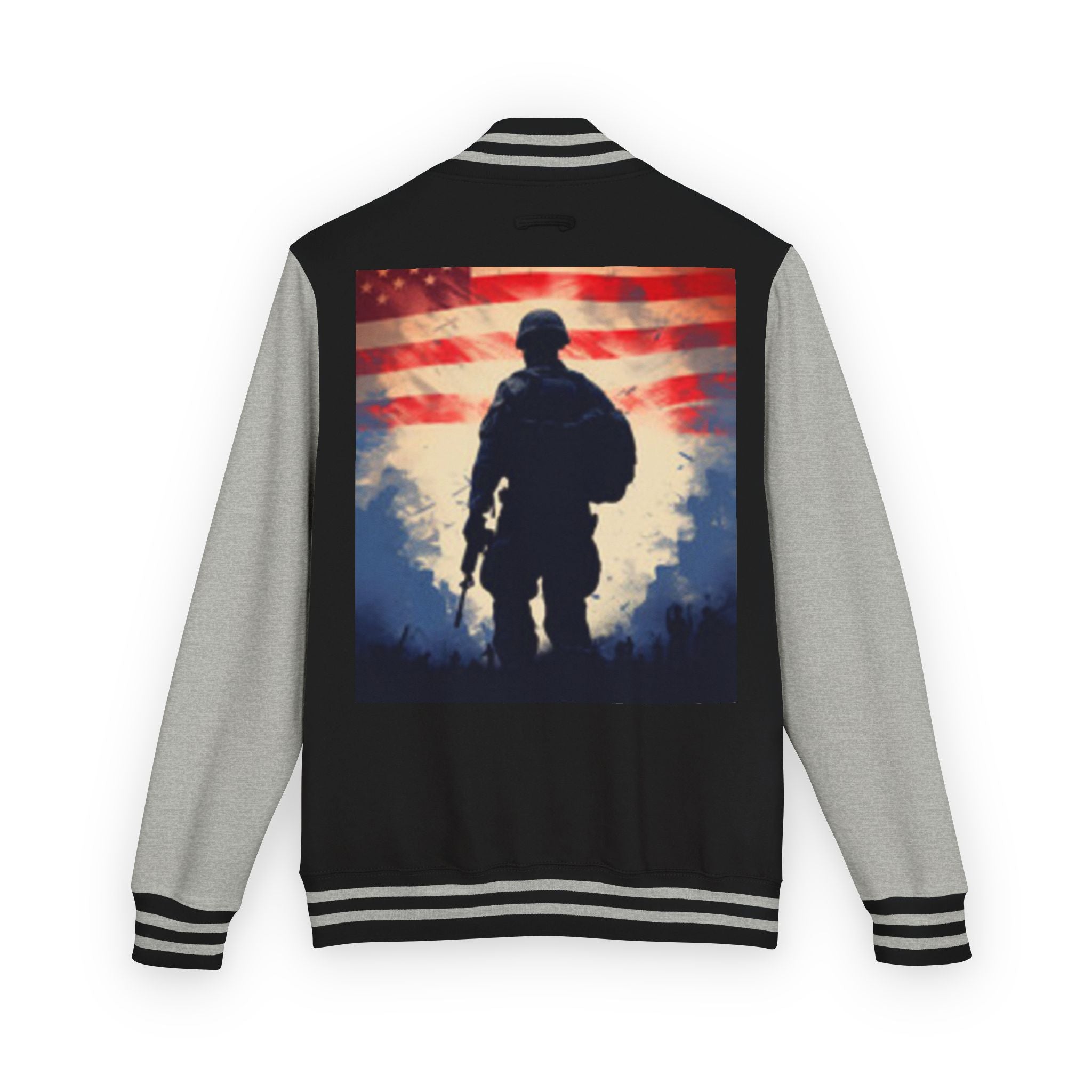 Veteran Tribute Letterman Jacket - American Flag Soldier Graphic