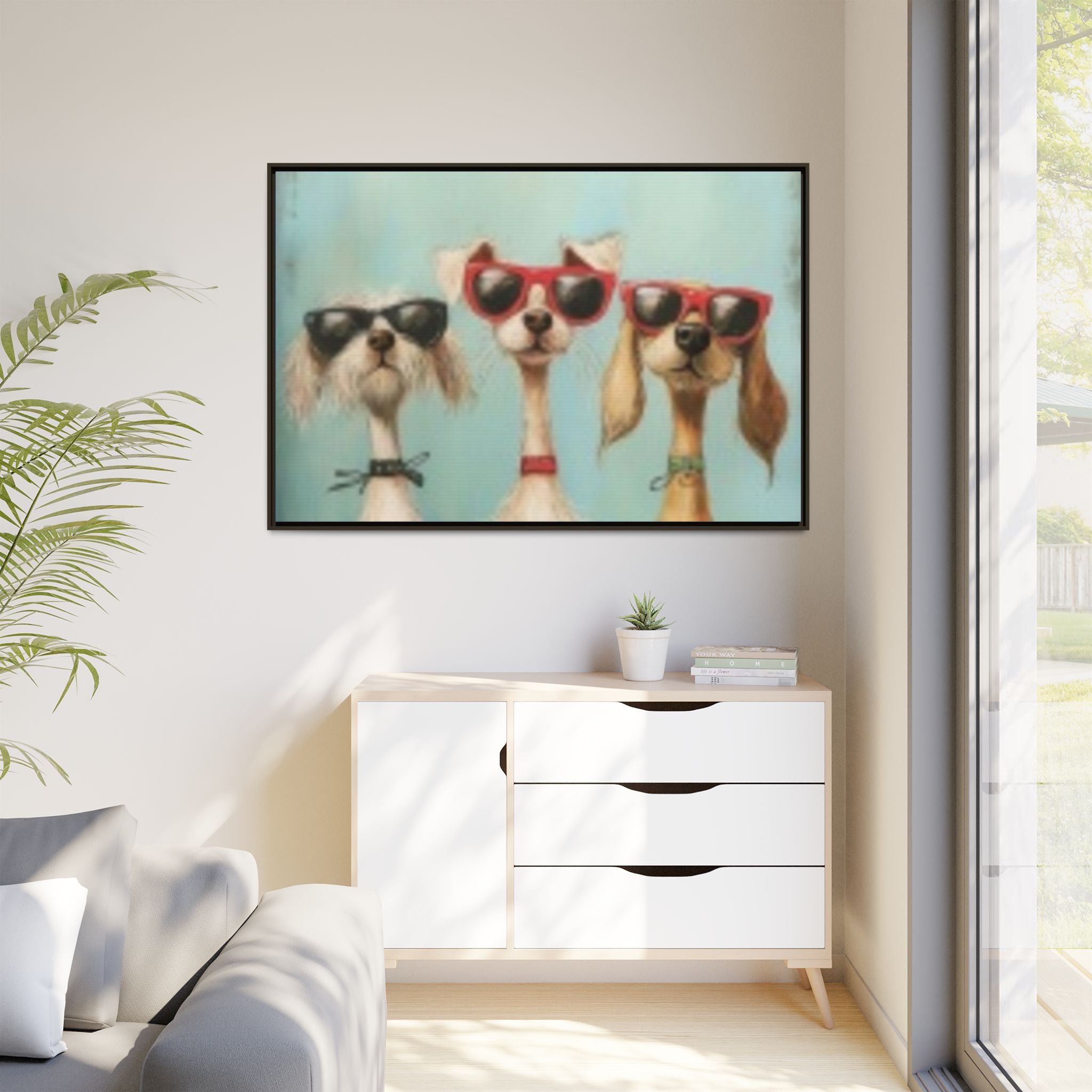 Framed Matte Canvas — Three Cool Dogs in Sunglasses Wall Art
