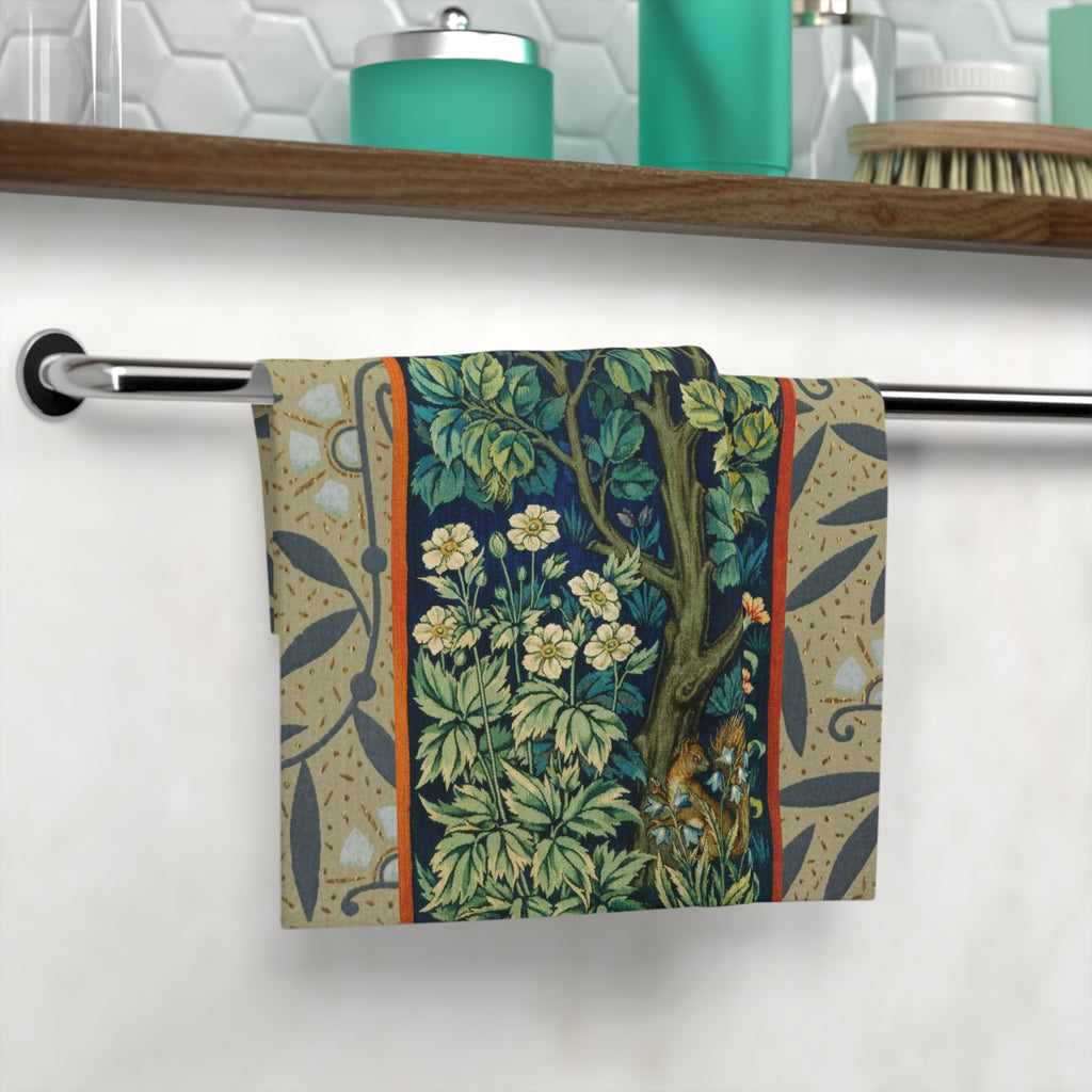 Vintage Botanical Face Towel — William Morris Style Tree & Bird Floral Design