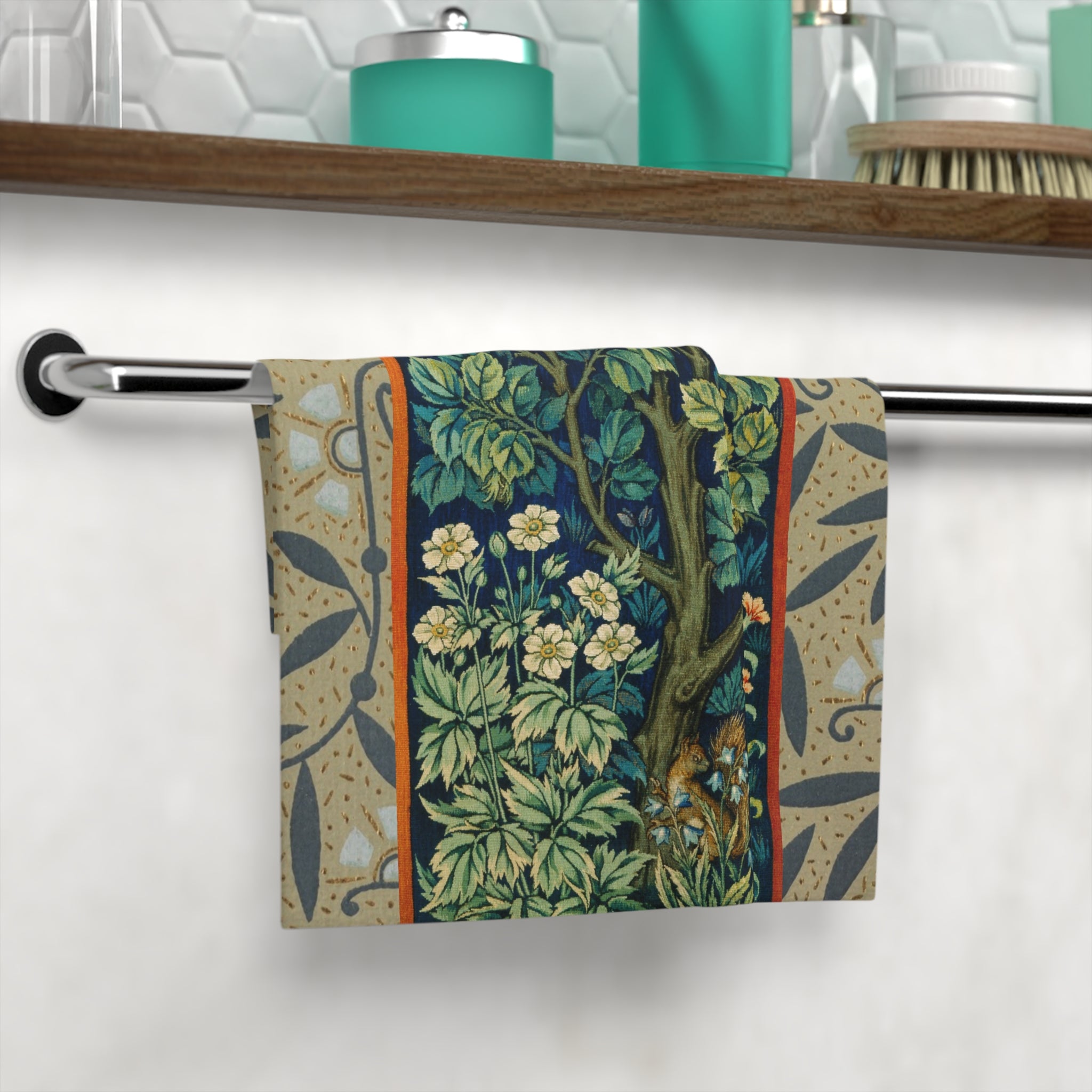 Vintage Botanical Face Towel — William Morris Style Tree & Bird Floral Design