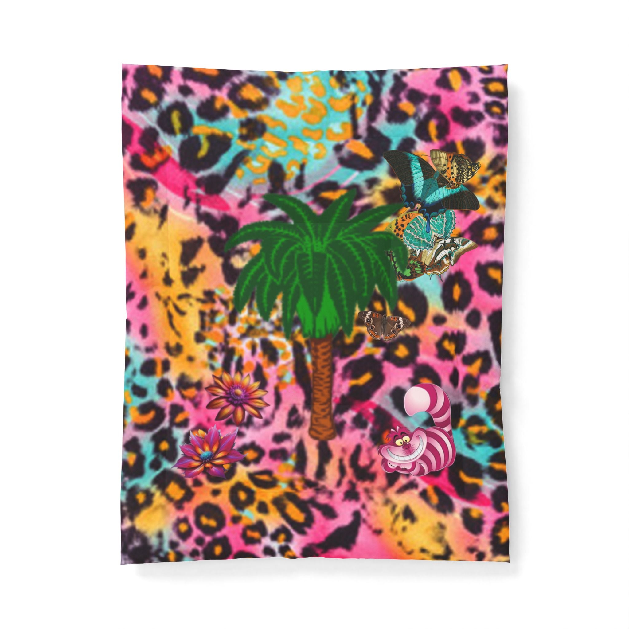 Vibrant Butterfly Palm Tree Chestire Cat Leopard Cotton Comforter — Colorful Boho Floral Throw