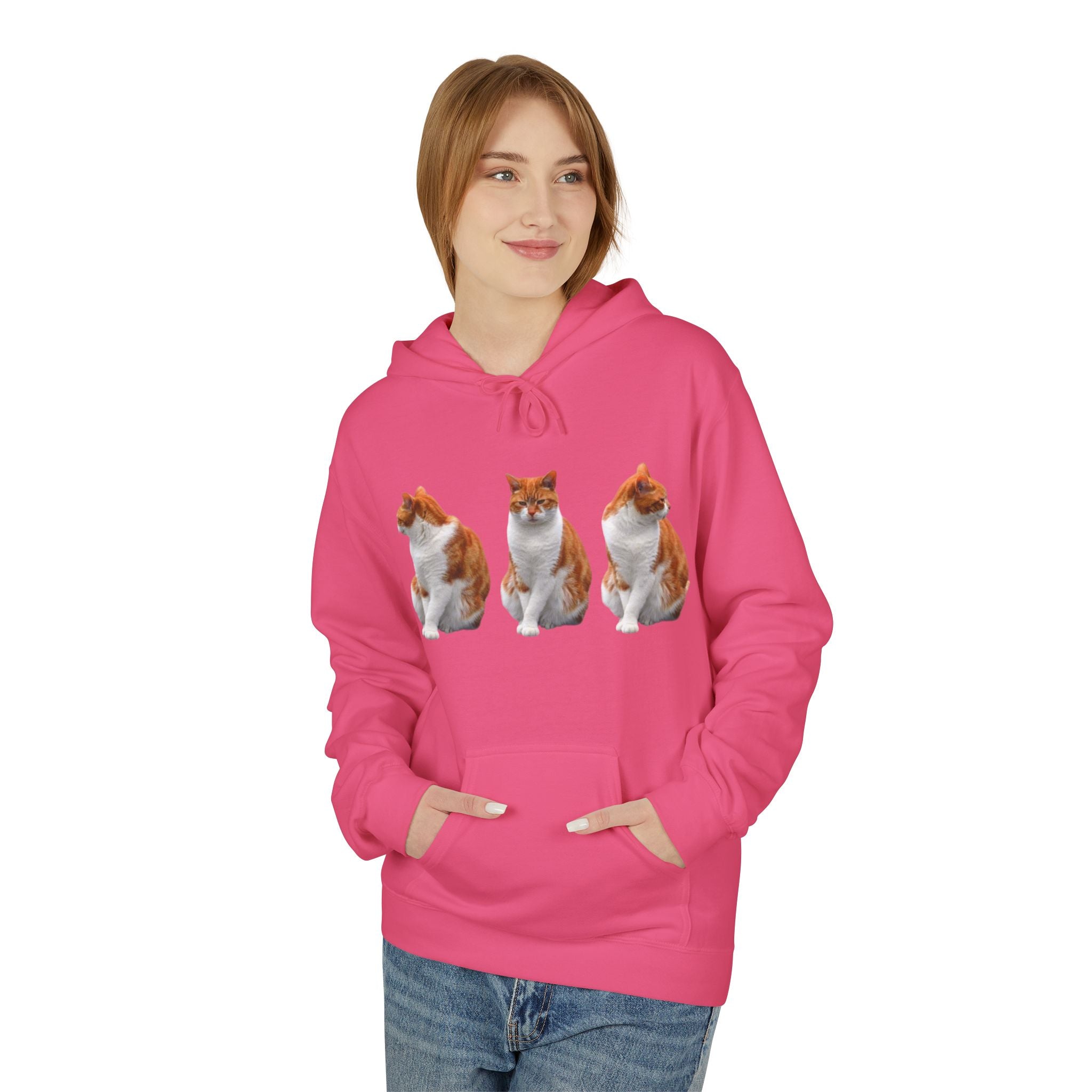 Women's Cute Cat Trio Hoodie – Whimsical Orange & Black Cat Graphic Pullover