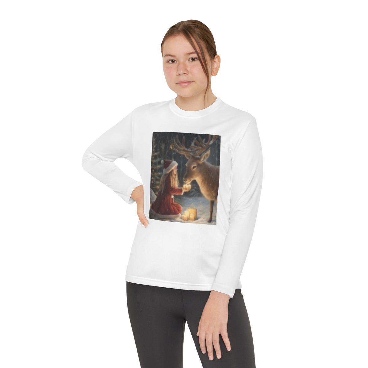 Youth Long Sleeve Tee — Girl Feeding Deer Christmas Night Scene