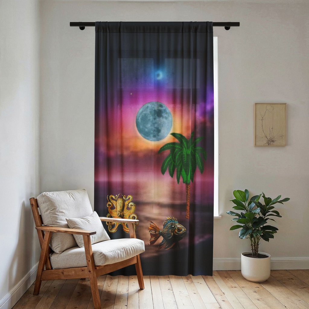 Tropical Moonlight Sheer Curtain – Palm Tree, Ocean & Fantasy Sea Creatures