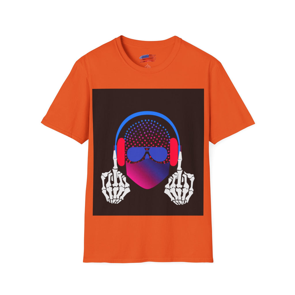 Unisex Softstyle T-Shirt Man wearing earphones skeleton shooting the bird