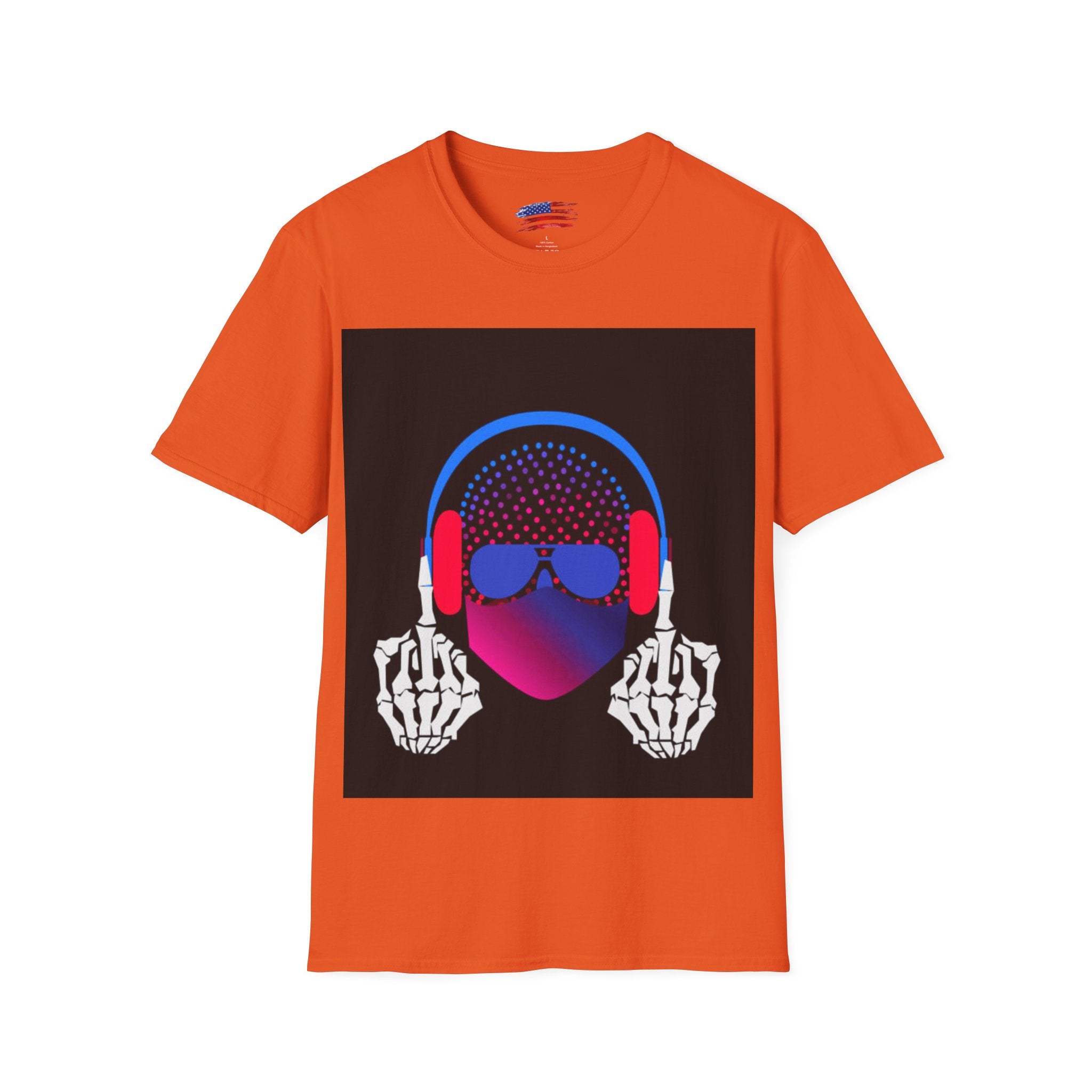 Unisex Softstyle T-Shirt Man wearing earphones skeleton shooting the bird