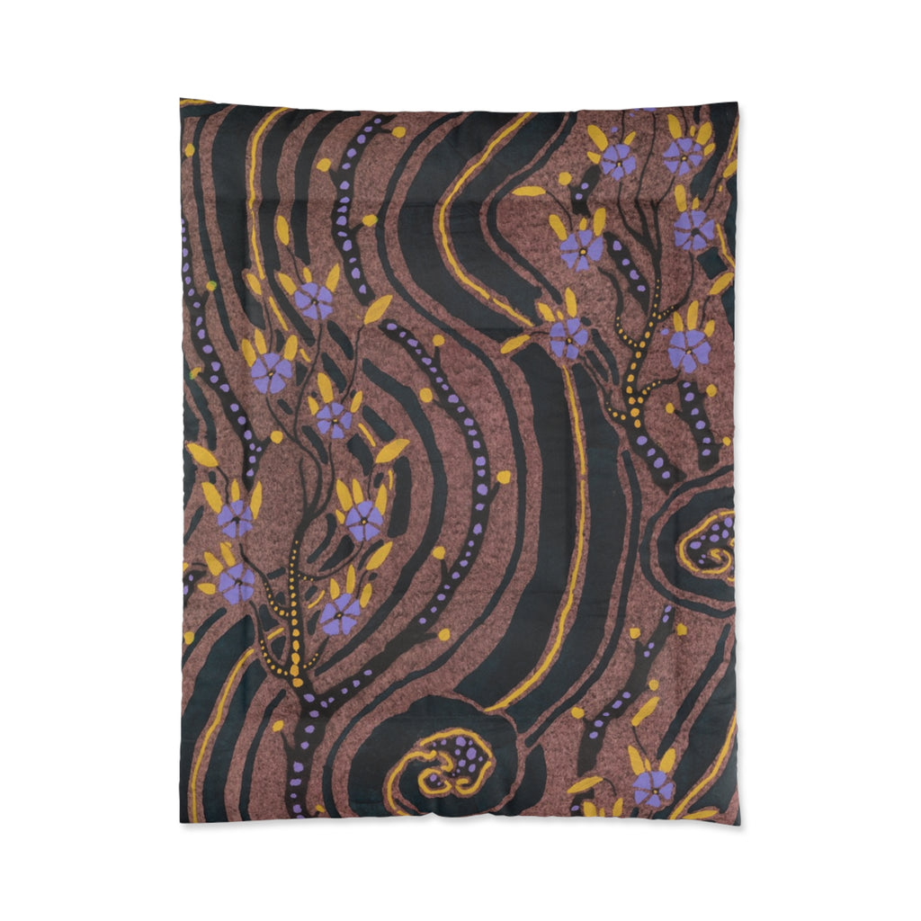 Bohemian Swirl Floral Comforter — Purple & Gold Abstract Bedspread