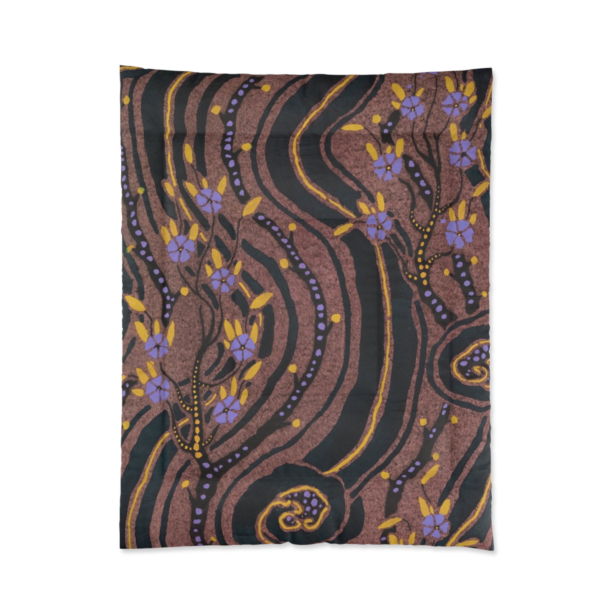 Bohemian Swirl Floral Comforter — Purple & Gold Abstract Bedspread