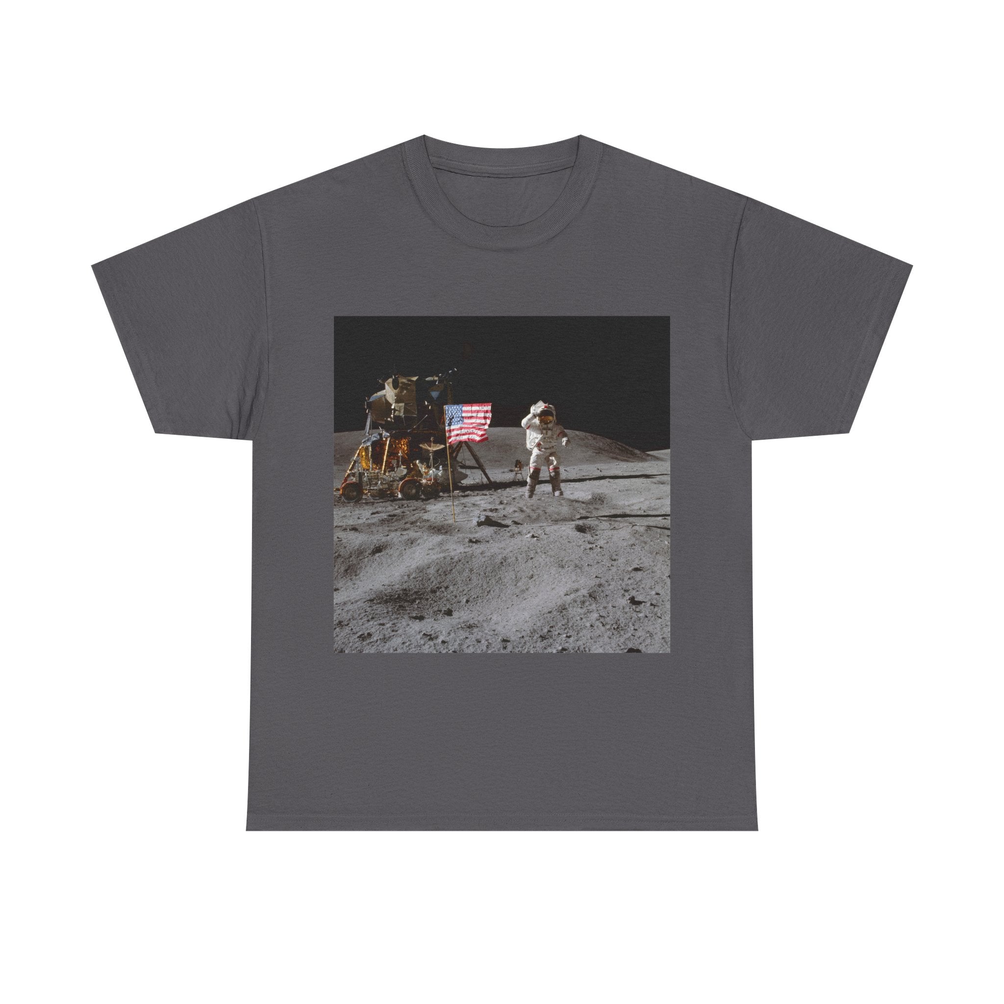 Moon Landing Graphic Tee — Astronaut Flag Photo T-Shirt