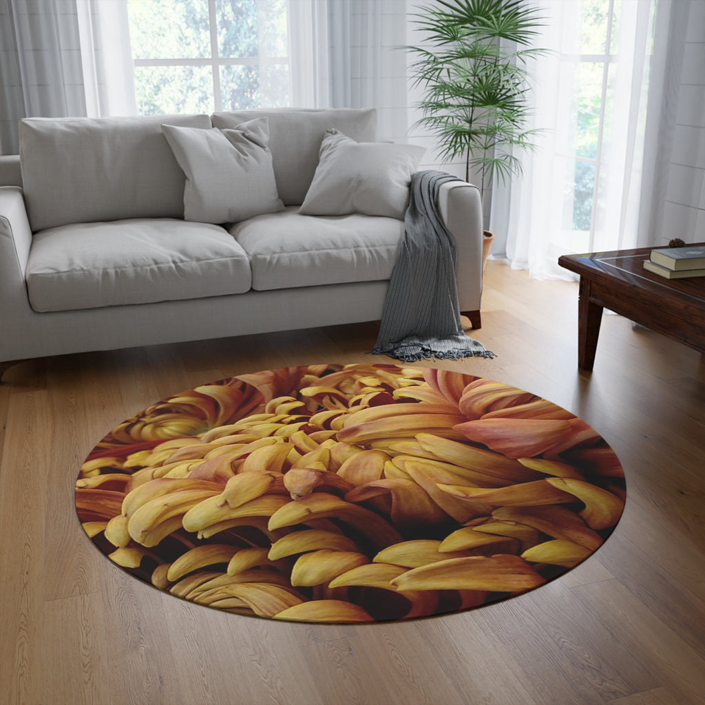 Autumn Chrysanthemum Round Rug — Golden Floral Circular Accent Mat